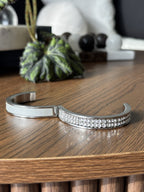 SWAROVSKI “Intervalle” Signed Crystal Leather Bangle Thin Silver Hinged Bracelet