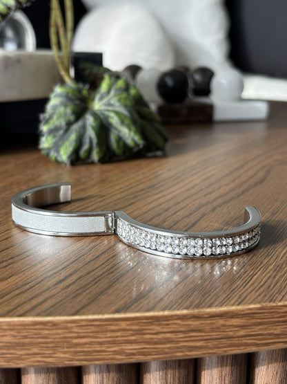 SWAROVSKI “Intervalle” Signed Crystal Leather Bangle Thin Silver Hinged Bracelet