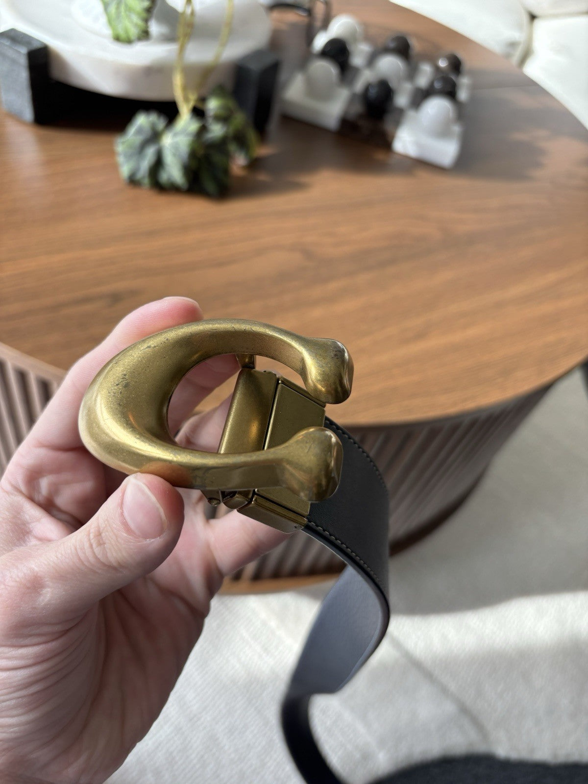 COACH Gold C Belt Reversible Navy Blue/ Grey Leather 38mm Sz 30-32 (Org $250)