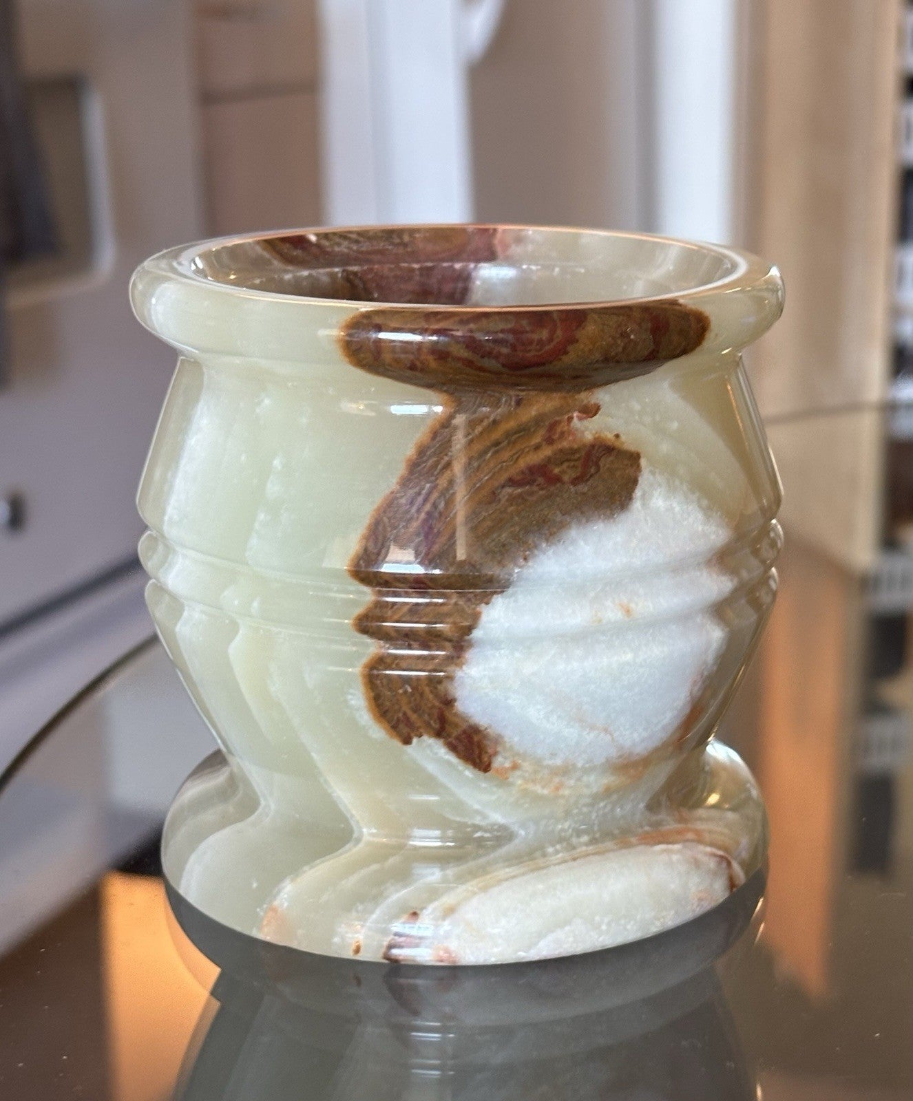 VINTAGE Banded Onyx Stone Candle Holder Green Brown White Natural Marble 3.5 in