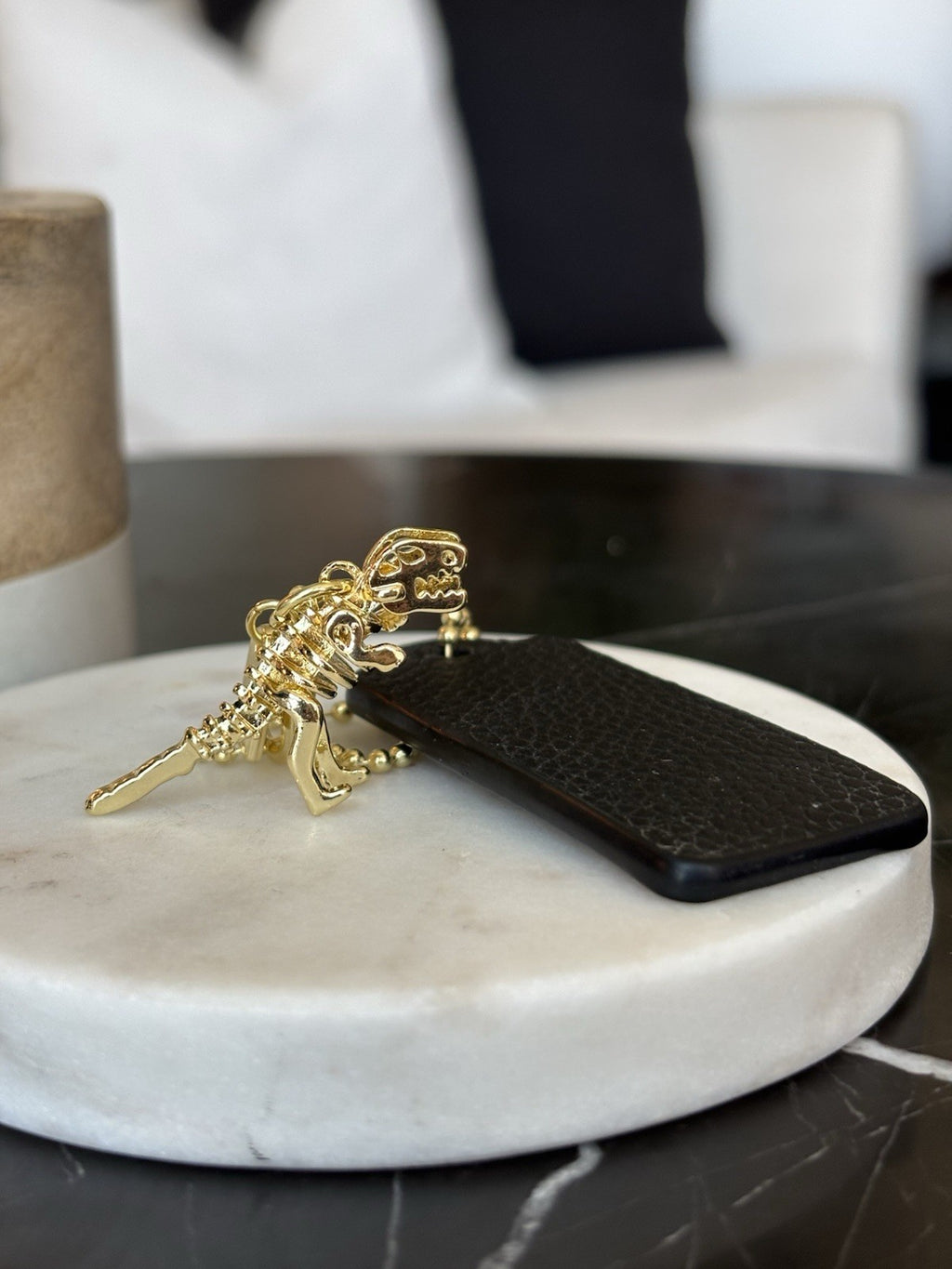 COACH NewYork Designer REXY Leather Hang Tag Dino Bag Charm Fob Chain Gold/Black