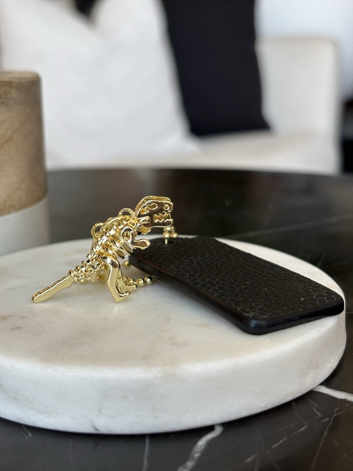 COACH NewYork Designer REXY Leather Hang Tag Dino Bag Charm Fob Chain Gold/Black