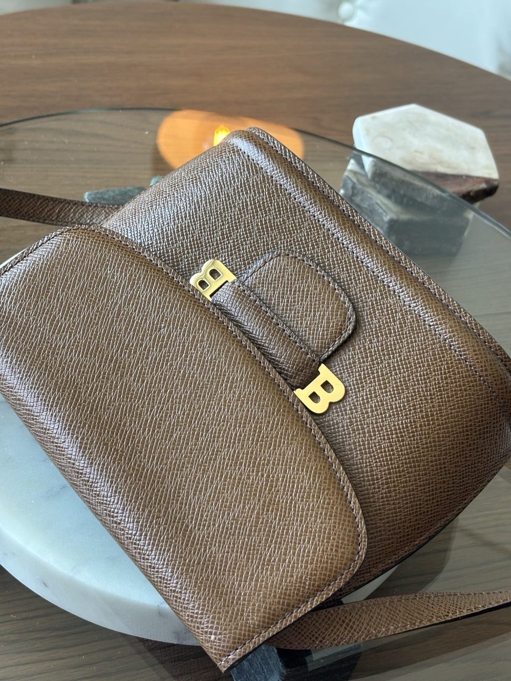 BALLY Brown Crossgrain Leather Shoulder Bag Gold Hardware Logo Purse (org $650)