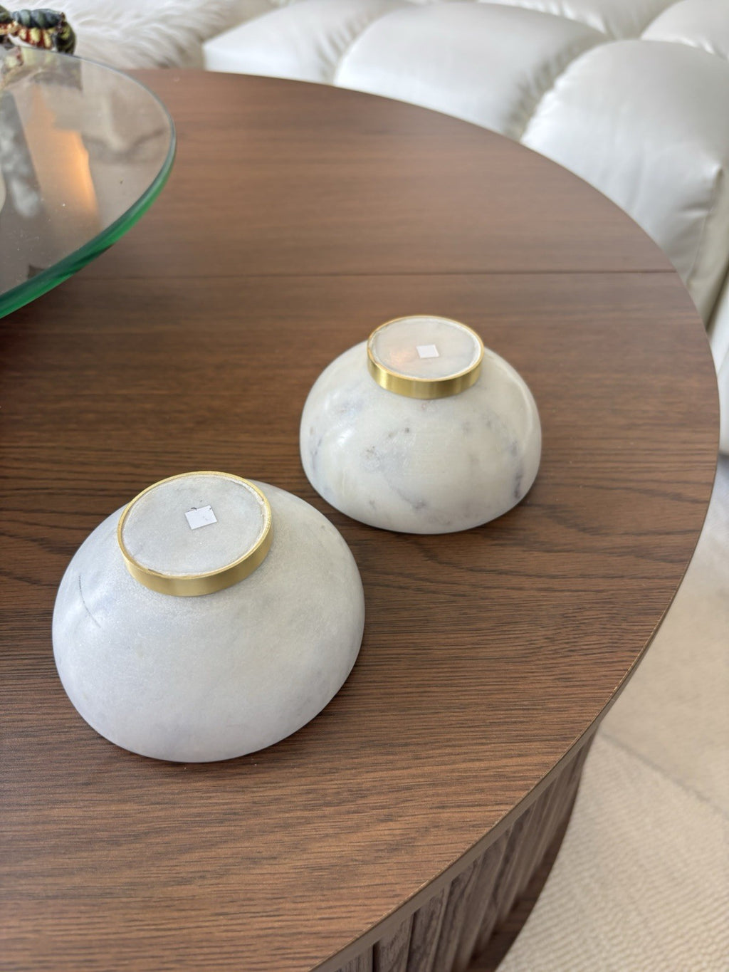 MARBLE Stone Set of 2 Carved Pinch Bowl For Herbs Or Spices 4" White / Gold Trim