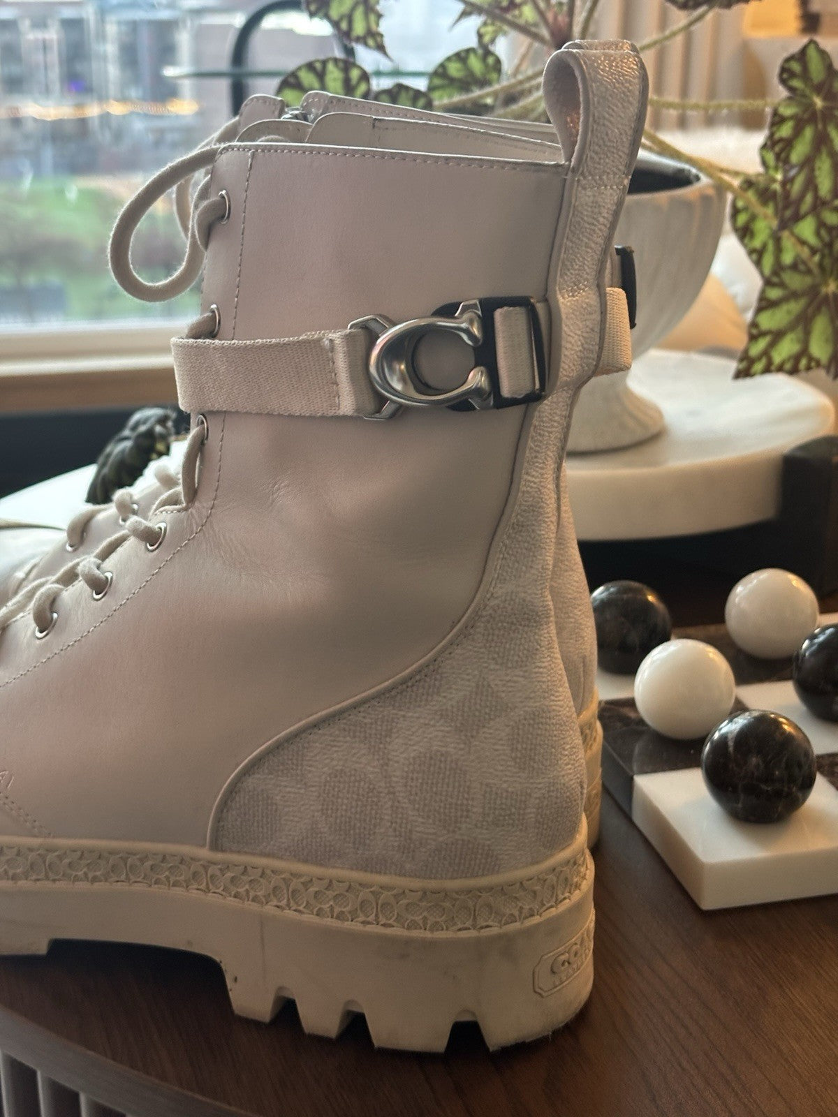 COACH Designer Tucker Leather Signature Boot Chalk White Men Size 10 (org $395)