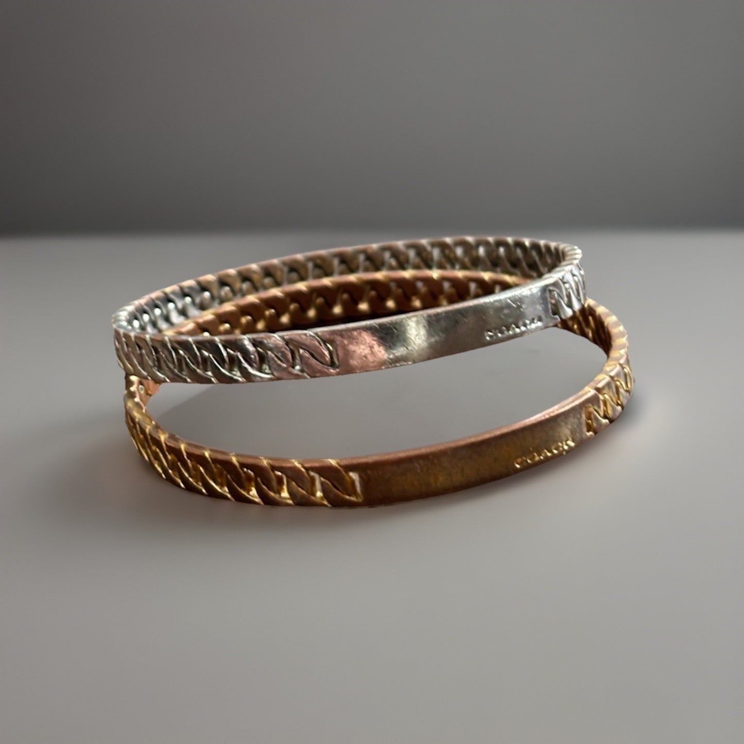 Vintage Designer COACH Set of 2 Bangle Bracelet Embossed Silver & Gold Plated