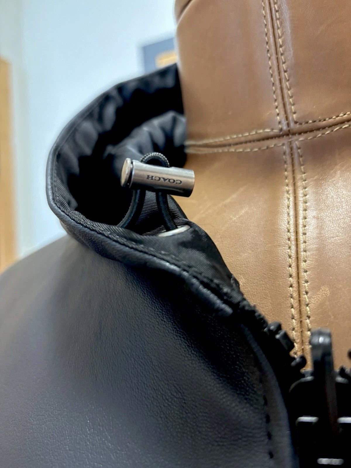 Designer COACH Lamb Leather Jacket Reversible W/ Hood Navy/BLK Sz 48 (Org $1295)