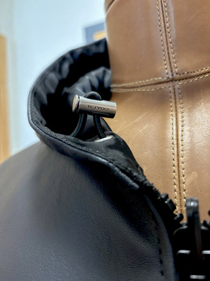 Designer COACH Lamb Leather Jacket Reversible W/ Hood Navy/BLK Sz 48 (Org $1295)
