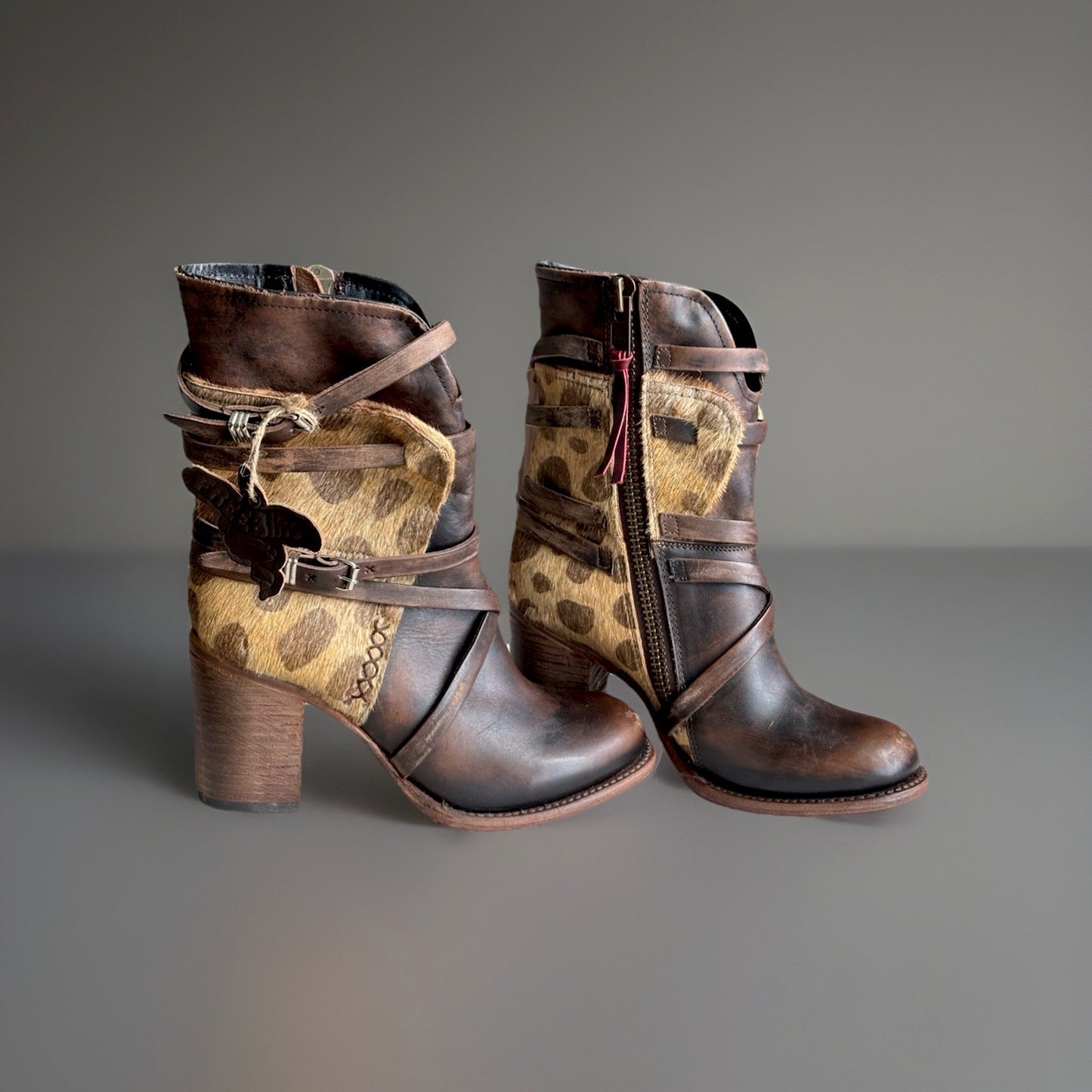 NEW Freebird STEVEN BAKER Zip Boots Brown Leopard Print Pony Hair Belted Women 8