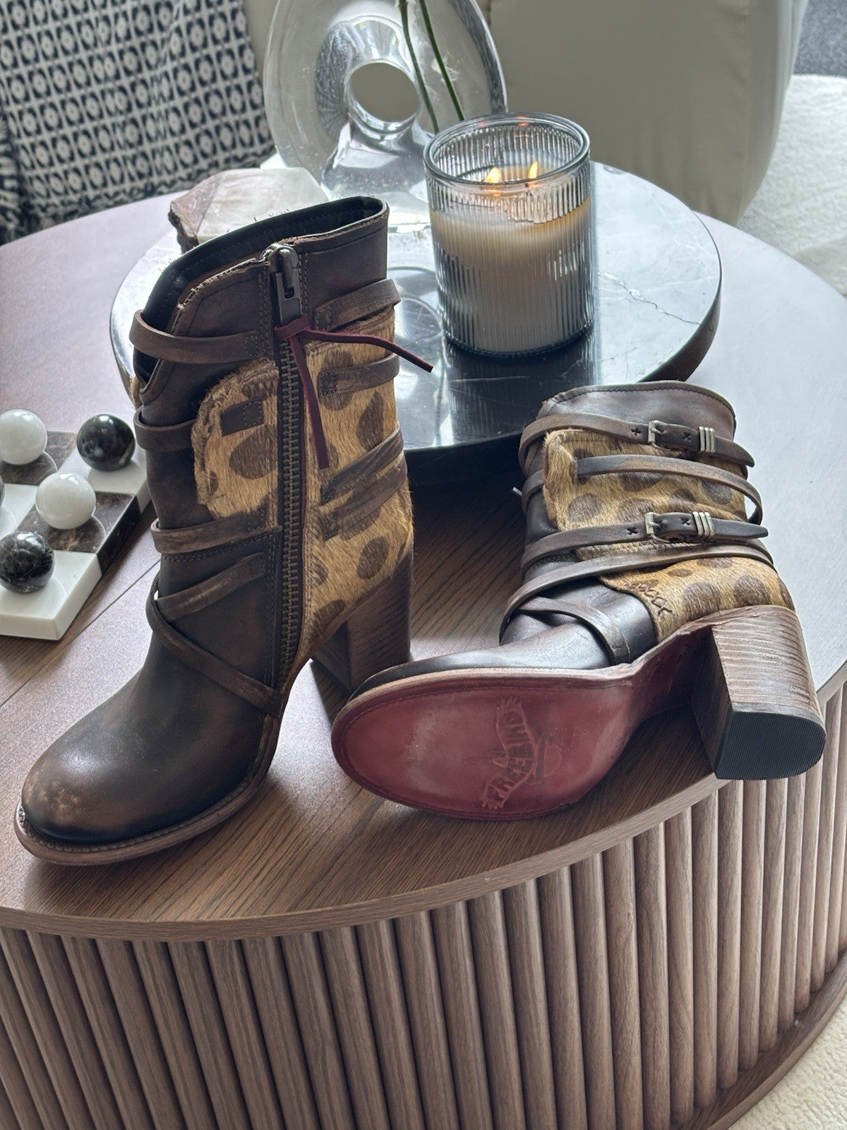 NEW Freebird STEVEN BAKER Zip Boots Brown Leopard Print Pony Hair Belted Women 8