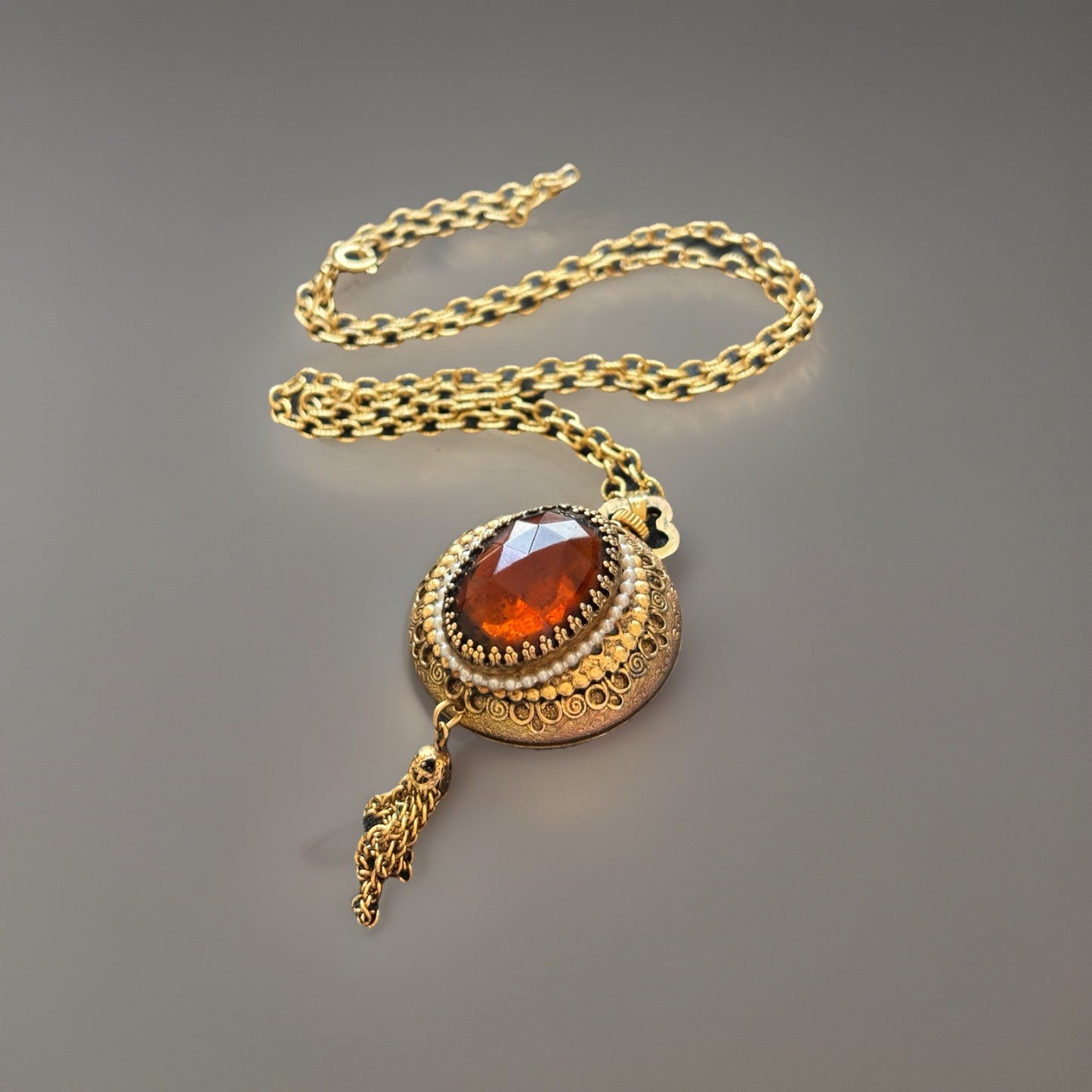 Vintage 1972 AVON Pendant Swiss Movement Watch Necklace Amber Stone Gold Tassel