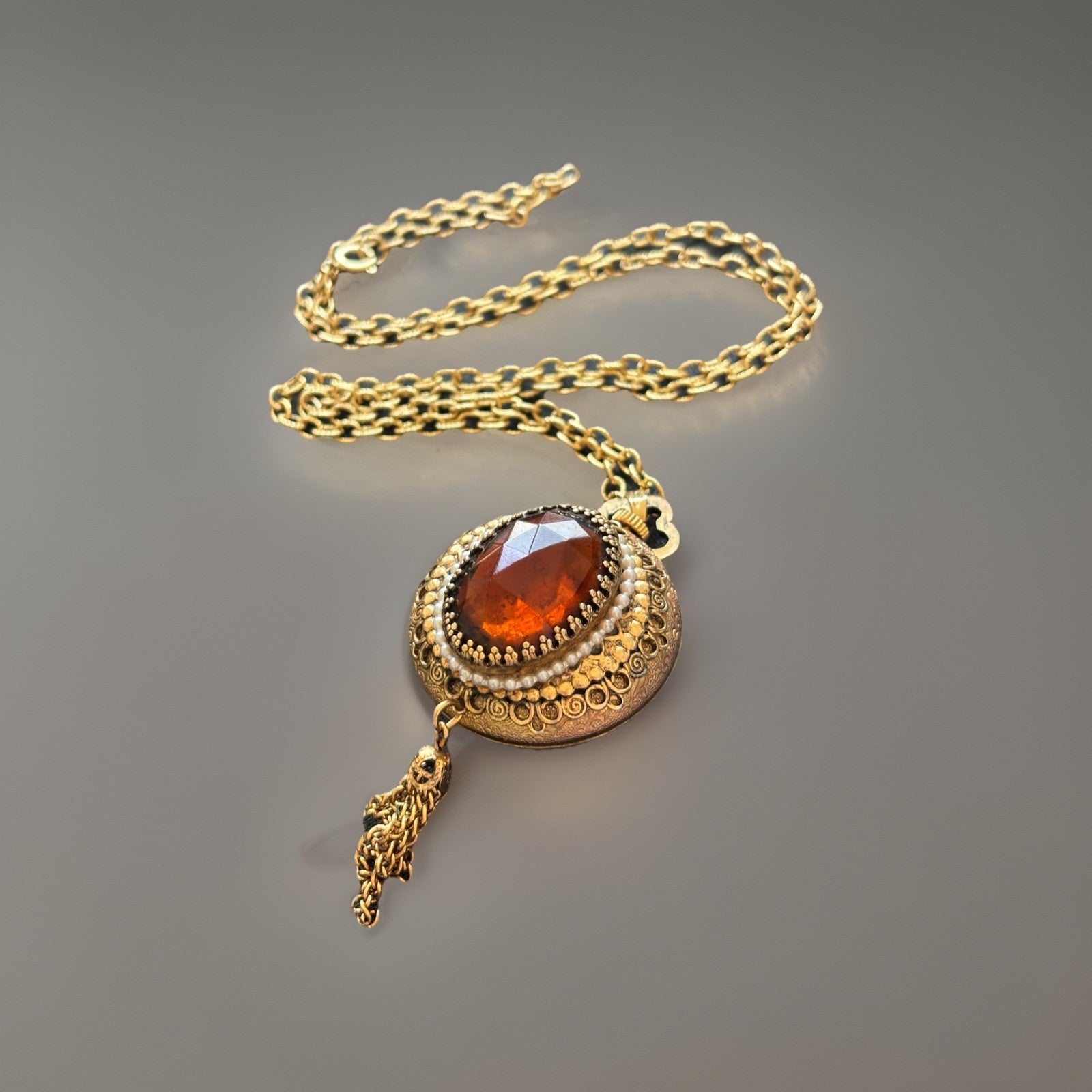 Vintage 1972 AVON Pendant Swiss Movement Watch Necklace Amber Stone Gold Tassel