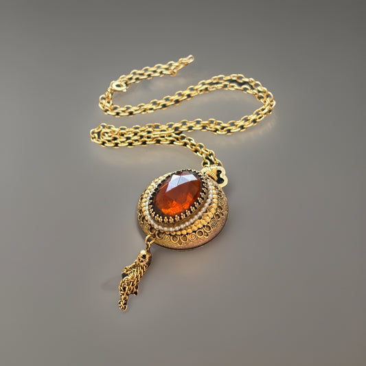 Vintage 1972 AVON Pendant Swiss Movement Watch Necklace Amber Stone Gold Tassel
