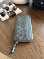 COACH Metallic Leather Stripe/Medallion Zip Around Wallet Charcoal Gray Silver