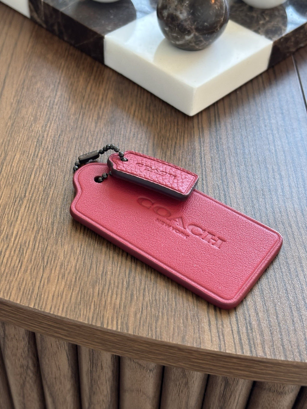 COACH 2 Designer Hanging Bag Charm Fob Two Sport Red Leather Tag Gunmetal Chain