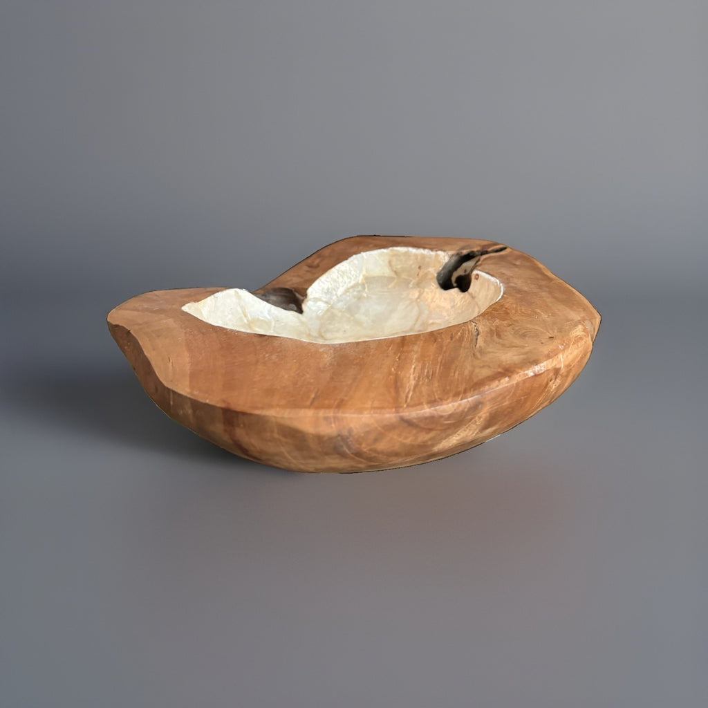 VINTAGE Live Edge Wood Bowl White Mother of Pearl Inlay Rustic Centerpiece 12x11