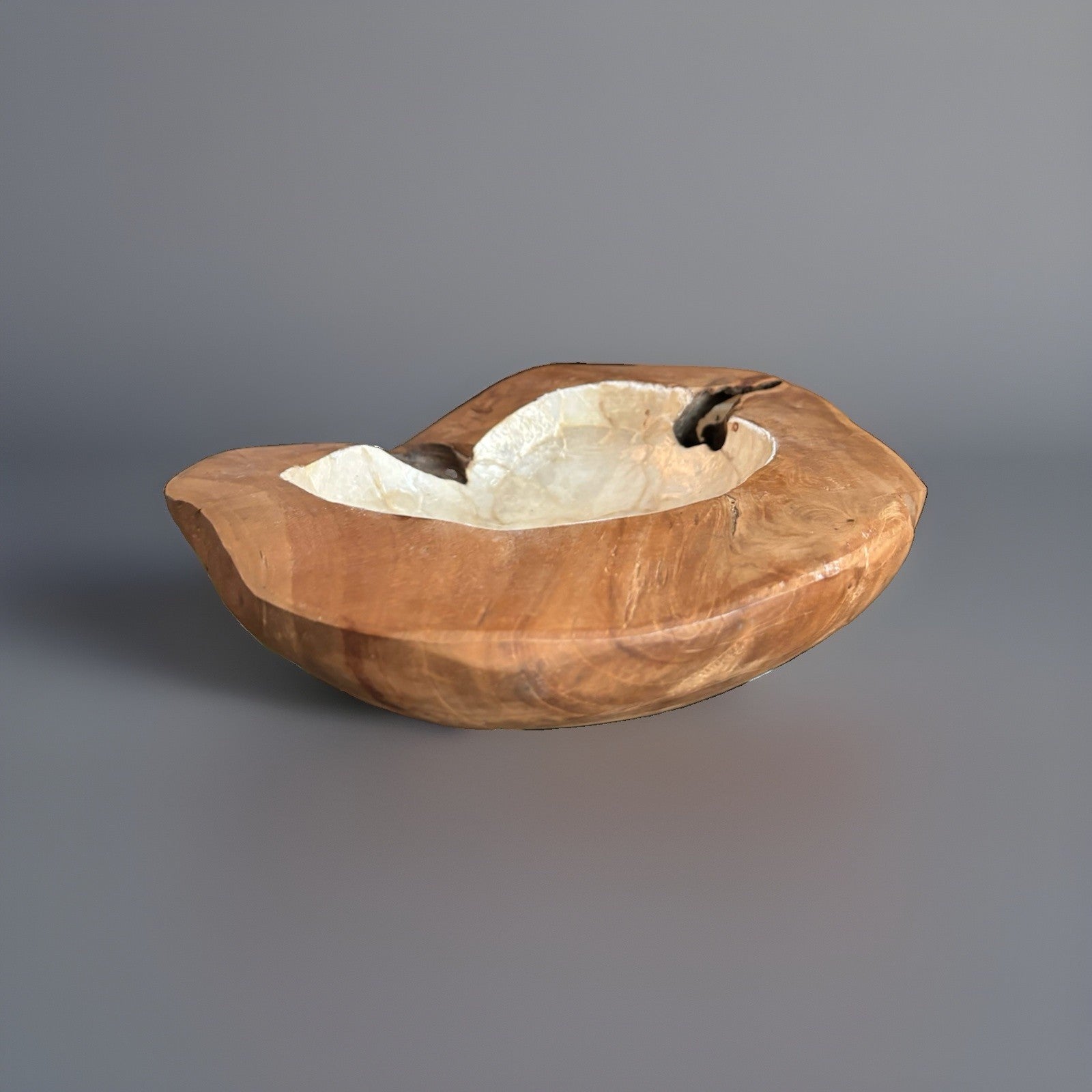 VINTAGE Live Edge Wood Bowl White Mother of Pearl Inlay Rustic Centerpiece 12x11