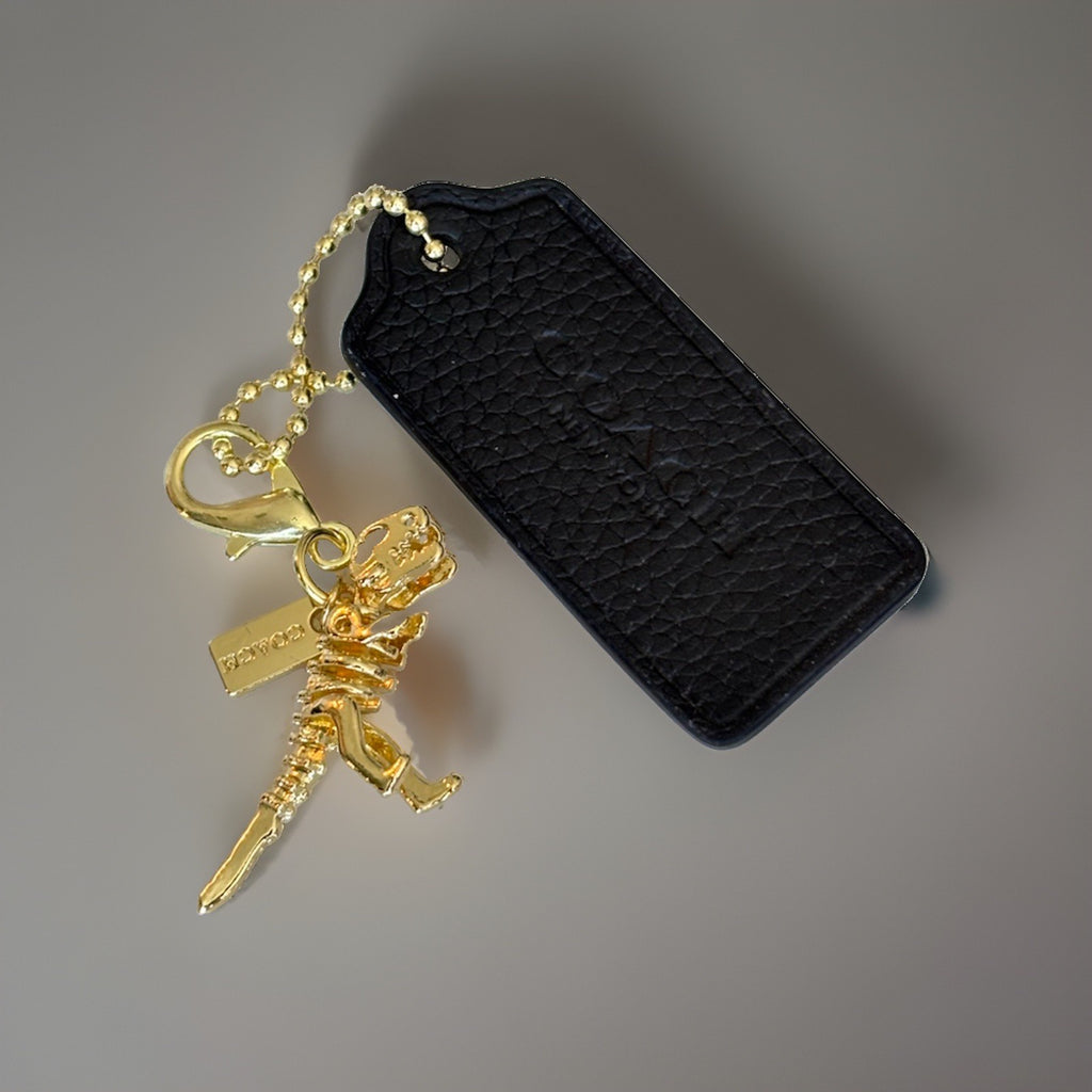 COACH NewYork Designer REXY Leather Hang Tag Dino Bag Charm Fob Chain Gold/Black