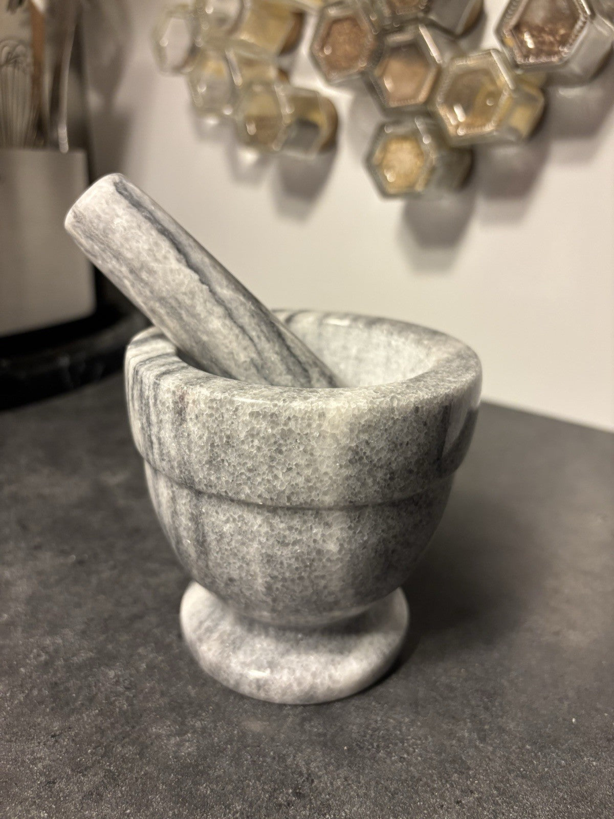 MARBLE Solid Stone Mortar & Pestle Herb Spice Grinder Kitchen 4x4.5 Gray/White