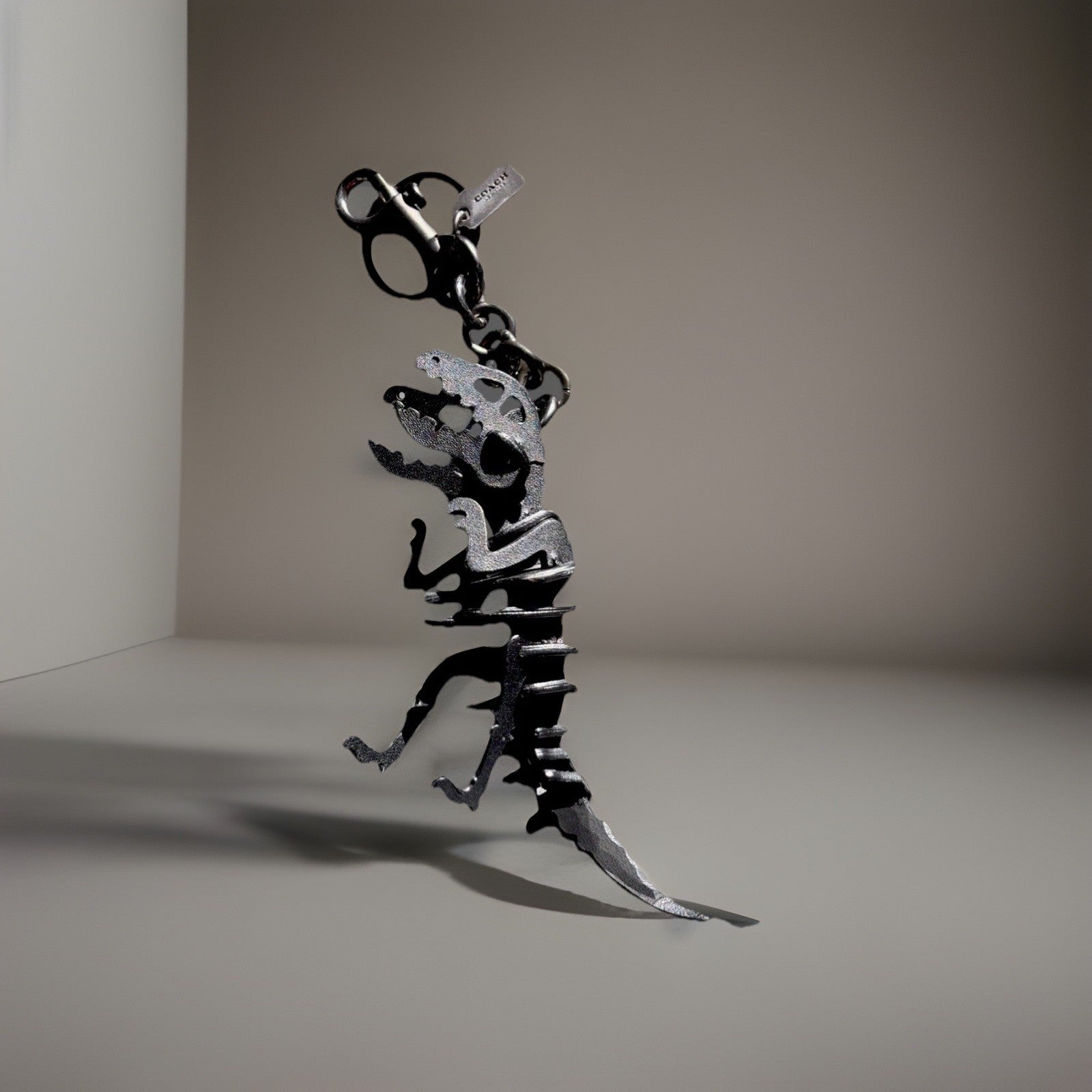 Designer COACH Black Rexy Bag Charm Keychain Fob Dinosaur Leather Skeleton