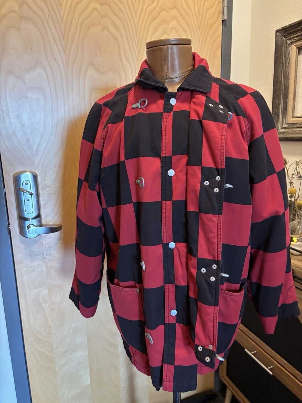 ESPRIT 1990’s Vintage Red/Black Checkered Toggle Coat Jacket 100% Cotton Medium