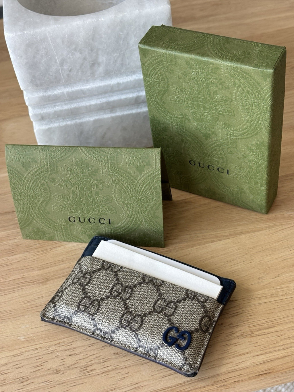 GUCCI Supreme GG Card Holder Beige Ebony Canvas Blue Leather 768248 (org $285)