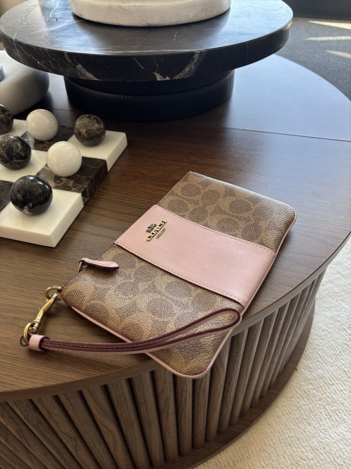 Designer COACH Zip Wristlet Signature Khaki/Tan Canvas Blush Pink Leather Stripe