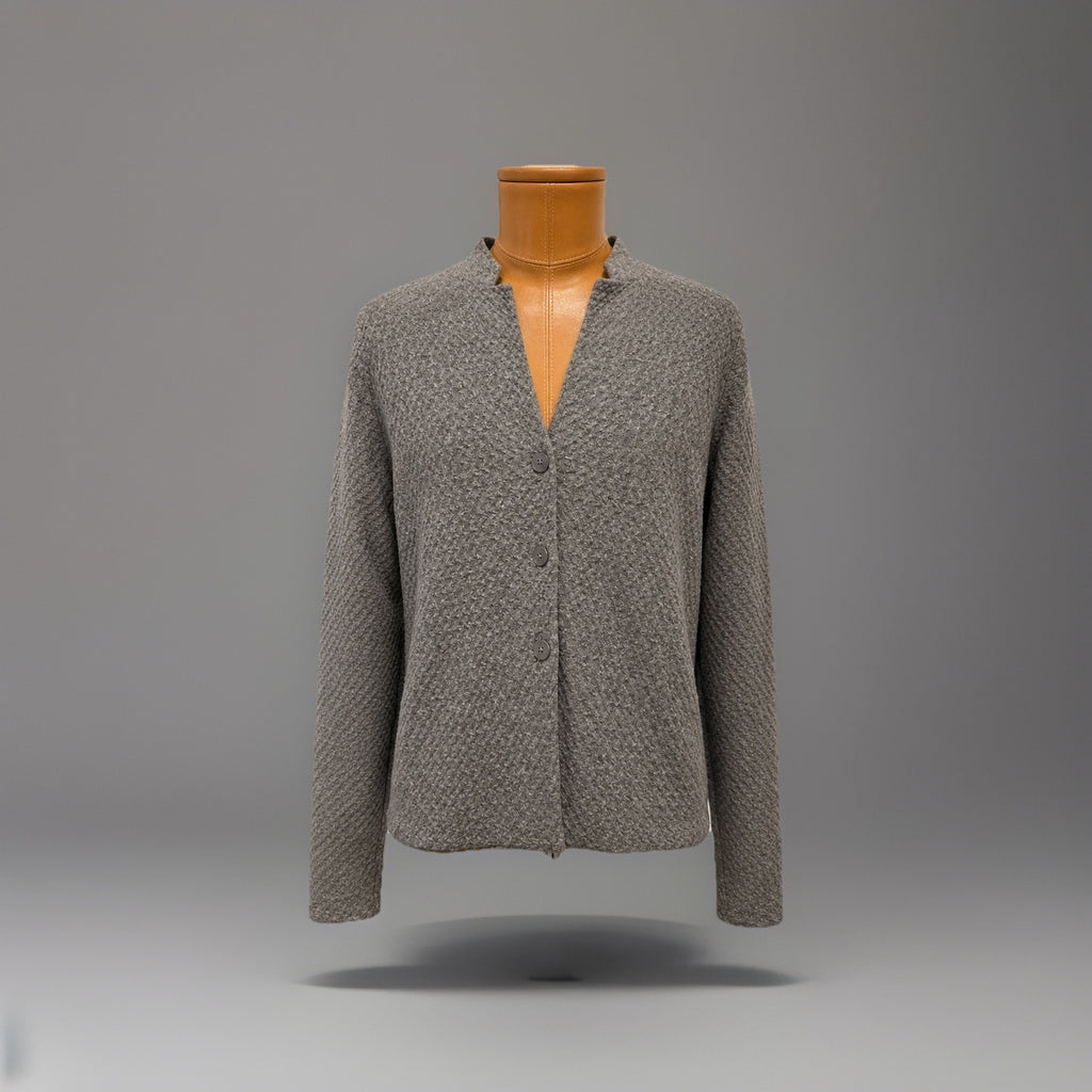 EILEEN FISHER Textured Wool Blend Cardigan Medium Taupe Gray Button-Up Sweater