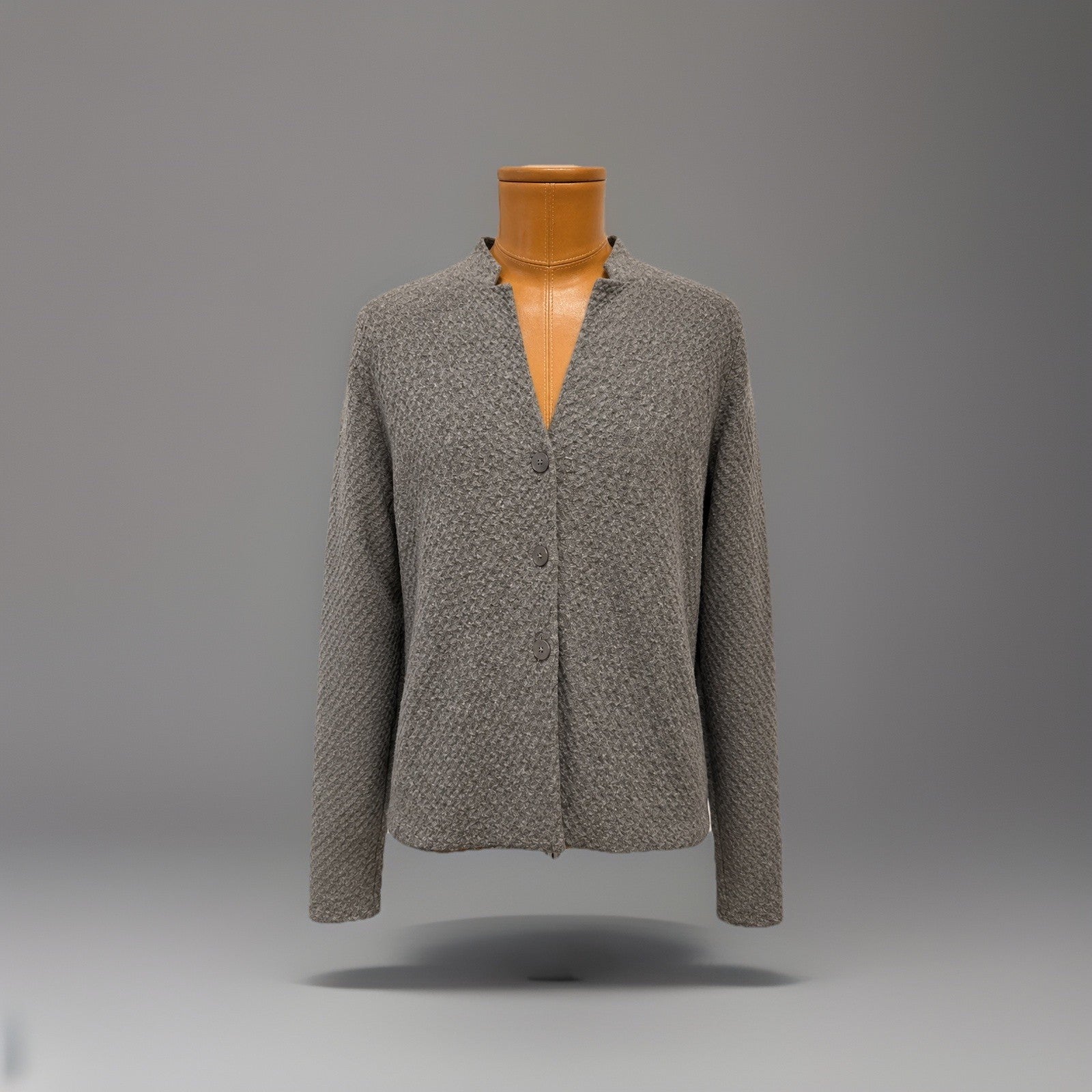 EILEEN FISHER Textured Wool Blend Cardigan Medium Taupe Gray Button-Up Sweater