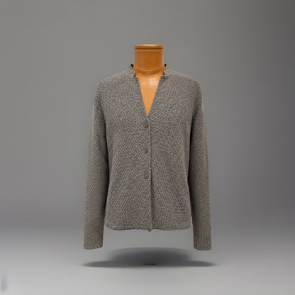 EILEEN FISHER Textured Wool Blend Cardigan Medium Taupe Gray Button-Up Sweater