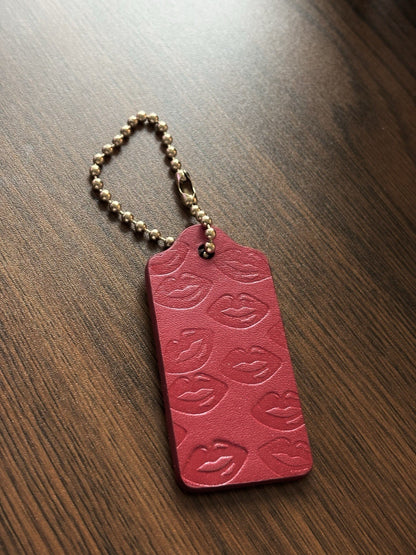 COACH Designer Kiss Lips Red Gloss Hanging Leather Bag Tag Charm Fob Gold Chain