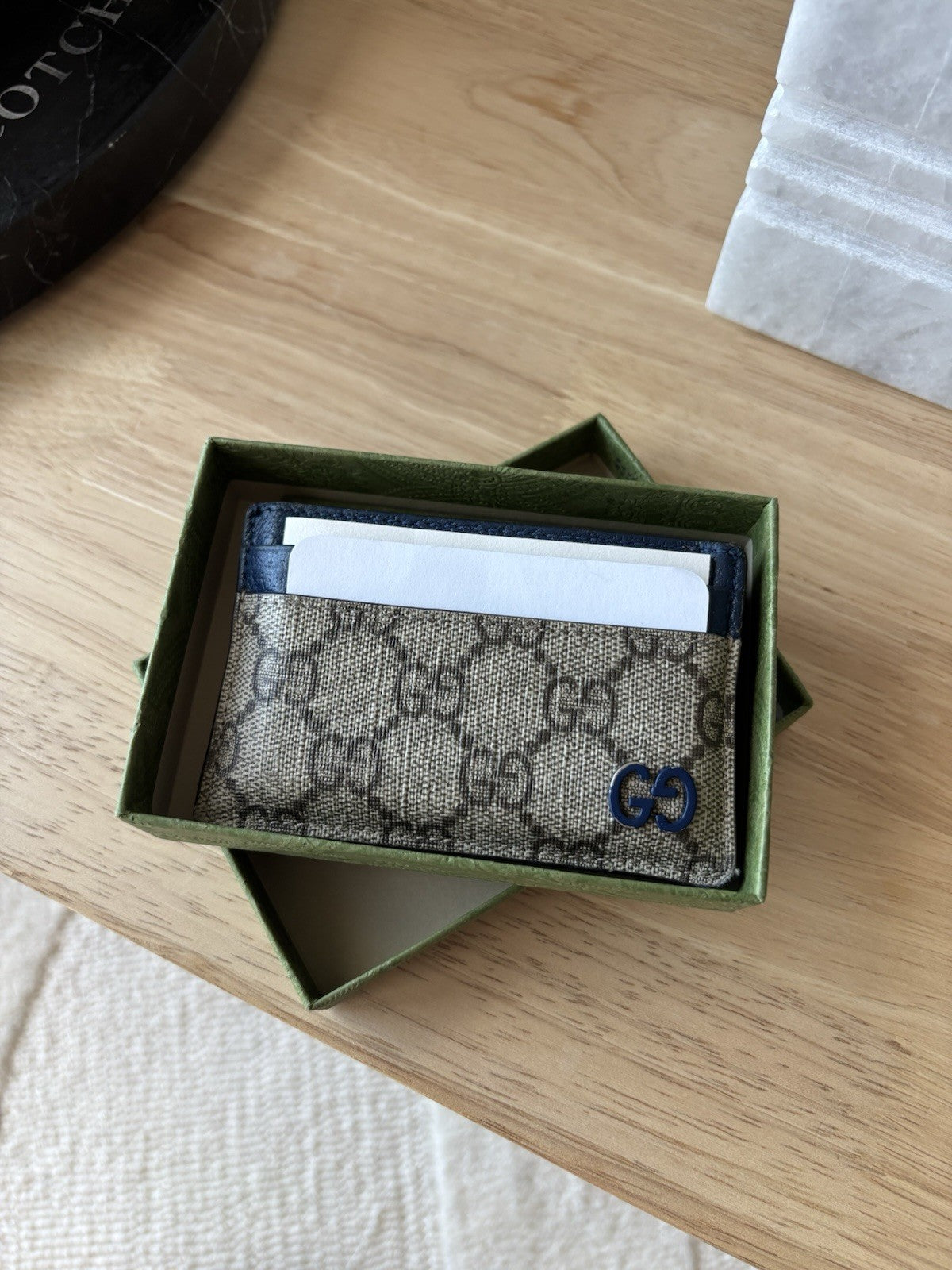 GUCCI Supreme GG Card Holder Beige Ebony Canvas Blue Leather 768248 (org $285)