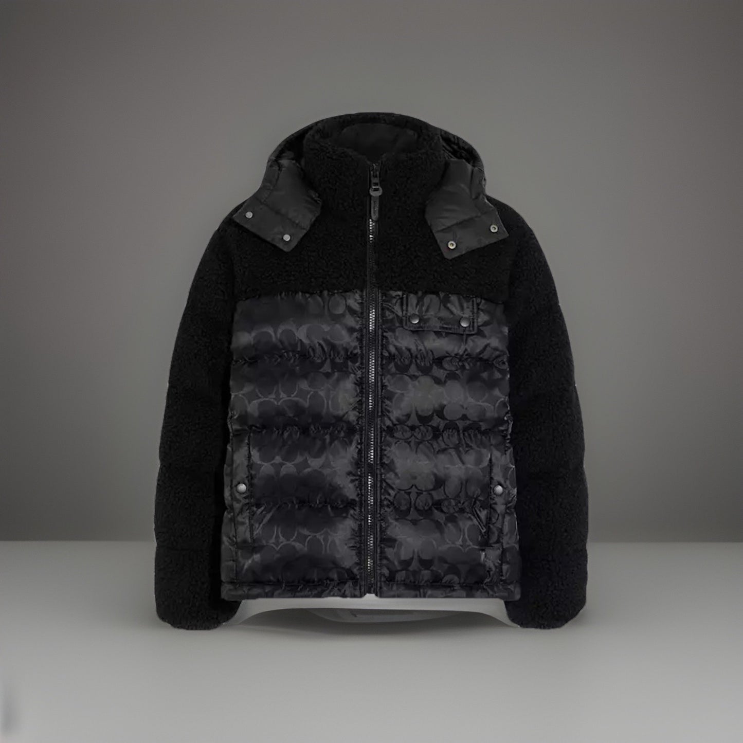 New COACH Runway Sherpa Puffer Coat Jacket Zip Signature Print Blk Size M ($895)