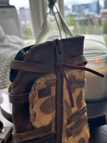 NEW Freebird STEVEN BAKER Zip Boots Brown Leopard Print Pony Hair Belted Women 8