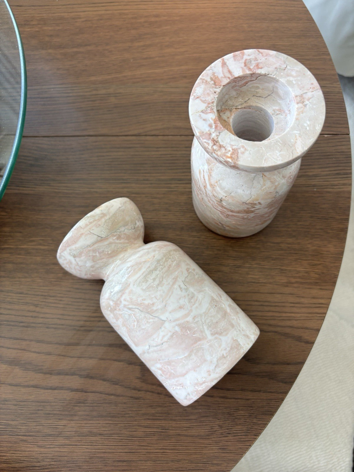 ITALIAN Pink/White Marble Candlestick Holders (2) Pair Japanese Style Made Italy