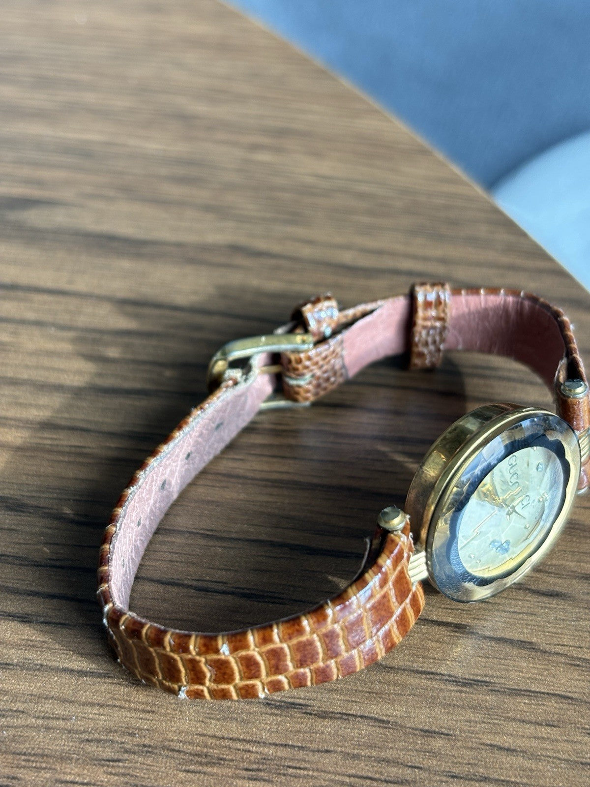 GUCCI 1986 Vintage Quartz GG Gold Brown Watch Leather Python Snake Adjust Band
