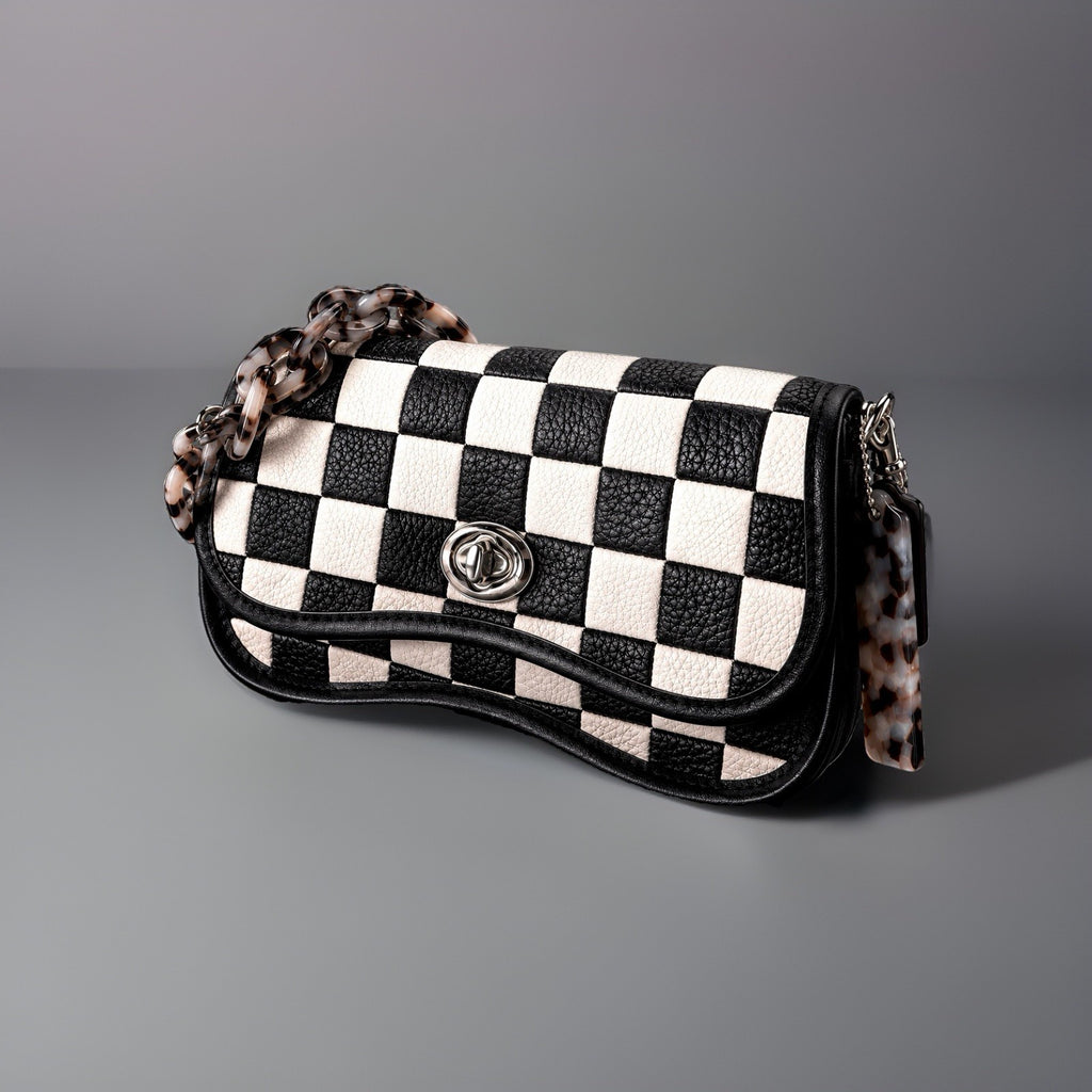 COACH Coachtopia Wavy Dinky Crossbody Bag Black/white Checkerboard Check Leather