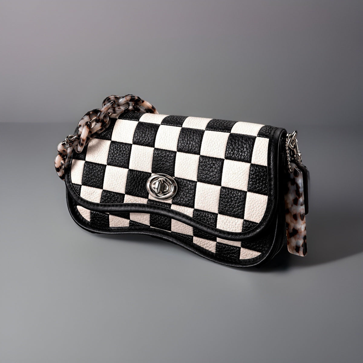 COACH Coachtopia Wavy Dinky Crossbody Bag Black/white Checkerboard Check Leather