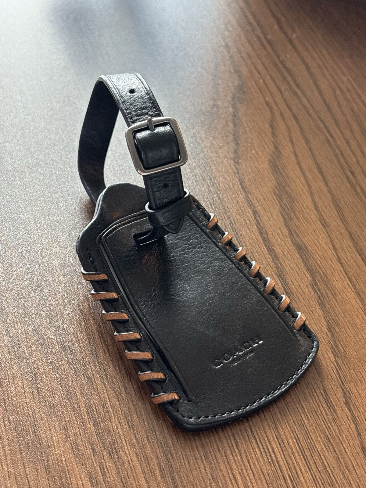 Coach Rip and Repair Luggage Tag Black Sport Calf Cow Leather Saddle Whipstitch