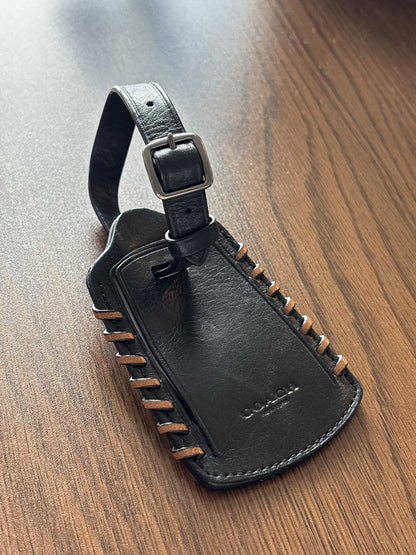 Coach Rip and Repair Luggage Tag Black Sport Calf Cow Leather Saddle Whipstitch
