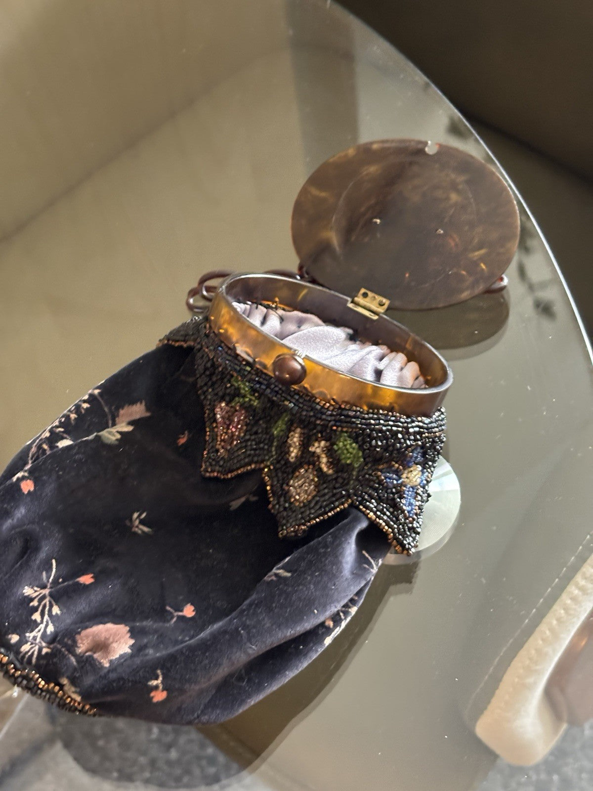 1920s ANTIQUE Art Deco Beaded Flapper Purse Tortoiseshell Frame Silk Evening Bag