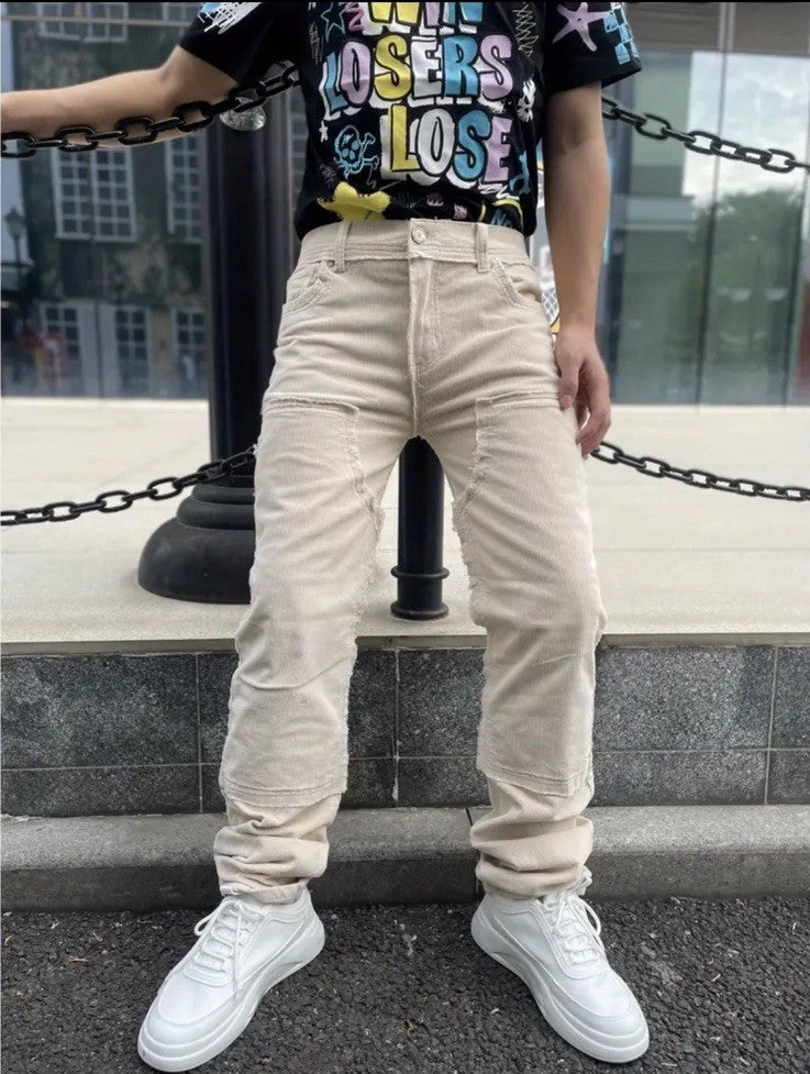 NWT REASON Mens Beige Distressed Pocket Premium Denim Straight Fit Jeans Size 30