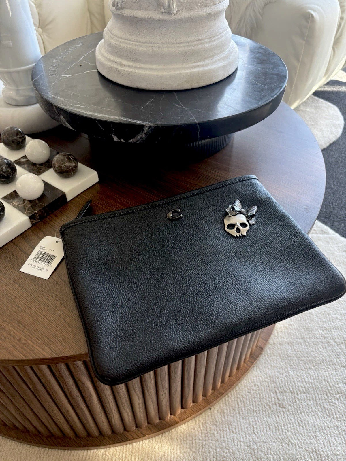 NWT COACH Essential Pouch 28 Black Pebble Leather Travel Case W/Coach Skull+Bow
