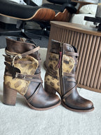 NEW Freebird STEVEN BAKER Zip Boots Brown Leopard Print Pony Hair Belted Women 8