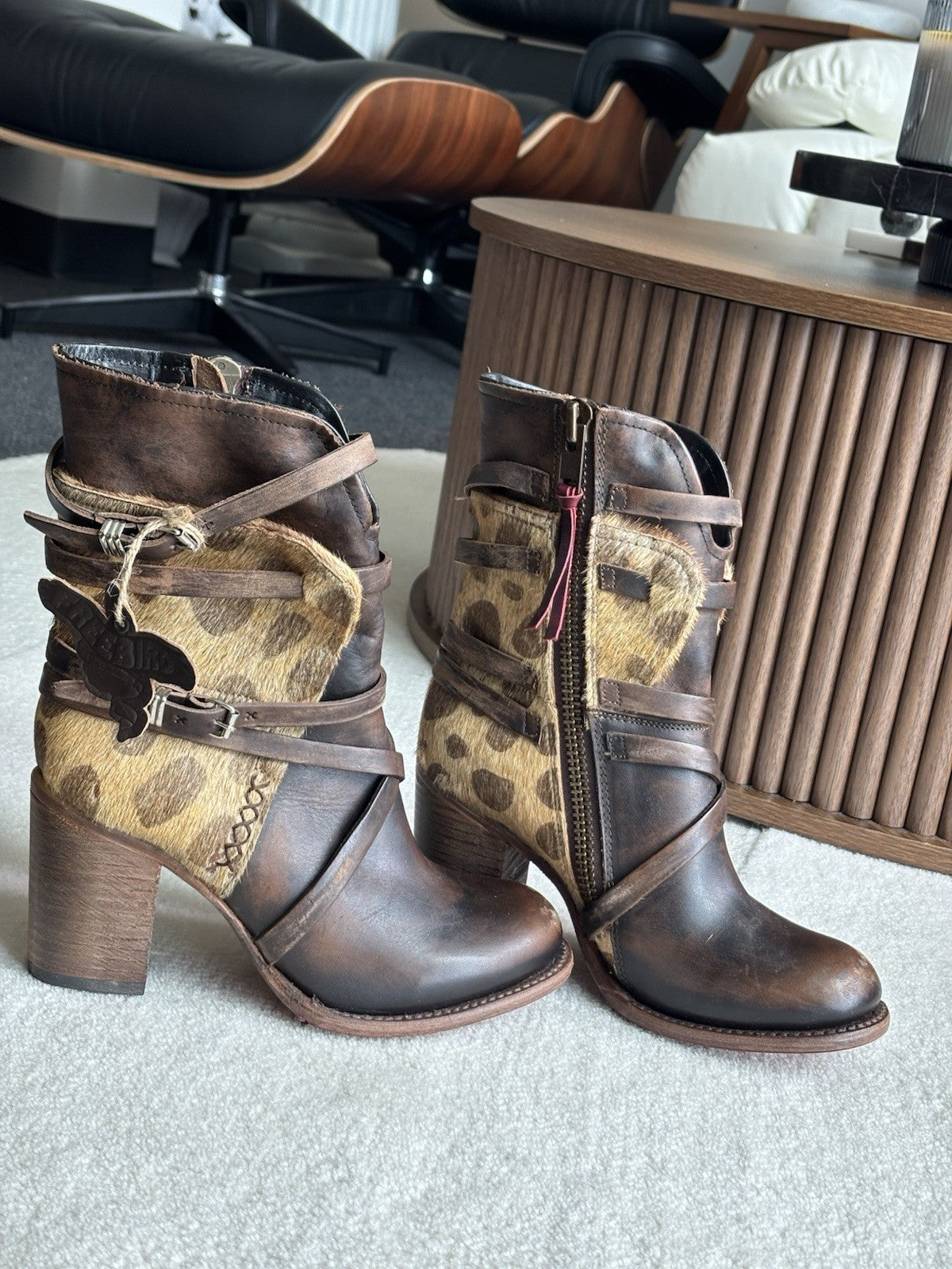 NEW Freebird STEVEN BAKER Zip Boots Brown Leopard Print Pony Hair Belted Women 8