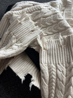 ZARA Cable Knit Crew Sweater Contrasting Cream Black Distressed Size L (org $70)