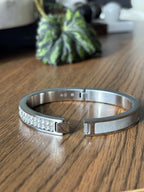 SWAROVSKI “Intervalle” Signed Crystal Leather Bangle Thin Silver Hinged Bracelet
