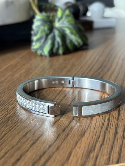 SWAROVSKI “Intervalle” Signed Crystal Leather Bangle Thin Silver Hinged Bracelet