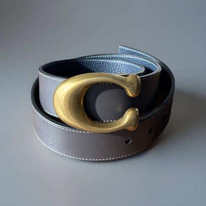 COACH Gold C Belt Reversible Navy Blue/ Grey Leather 38mm Sz 30-32 (Org $250)