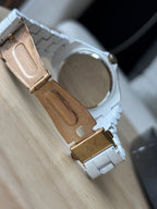 DISNEY Mickey Mouse Rose Gold Crystal White Link Watch Full Length Needs Battery